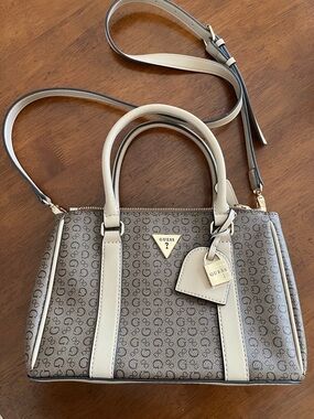GUESS Cream and Brown Logo Satchel with Detachable Strap